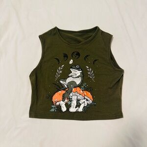 ROMWE Olive Green Casual Tee - Frog & Mushroom